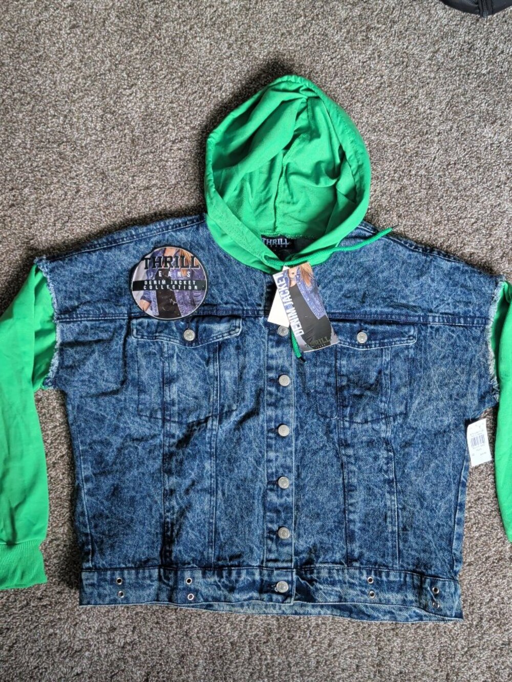 Thrill Jeans Womens Denim Button Up Blue/Green Size 1X Hooded Jacket